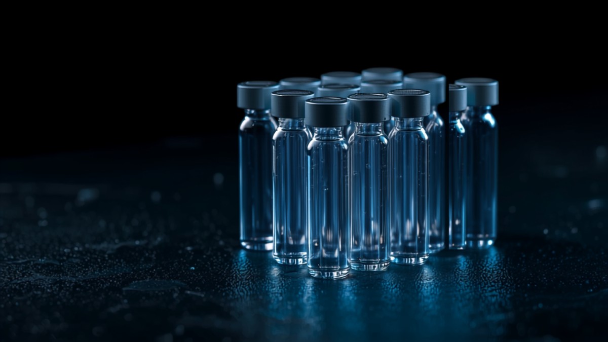 Clear-liquid research-compound vials on a laboratory bench