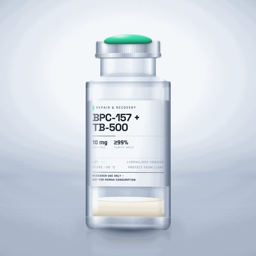 BPC-157 + TB-500 — lyophilised research compound vial, ≥99% purity, for laboratory research use only