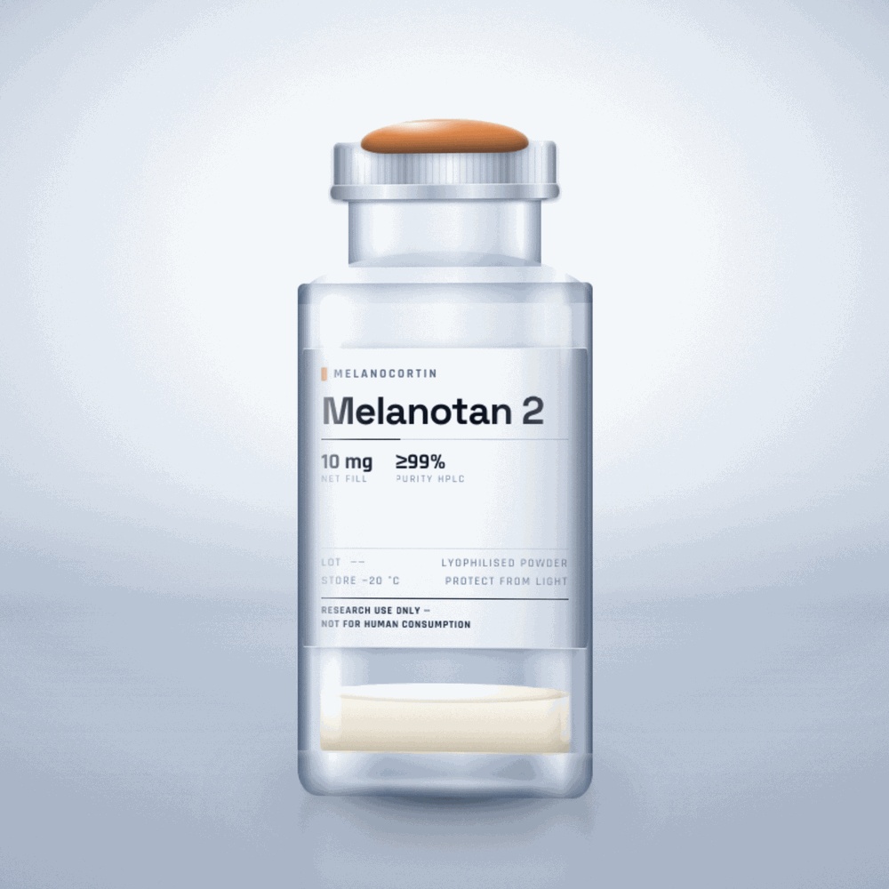 Melanotan 2 — lyophilised research compound vial, ≥99% purity, for laboratory research use only